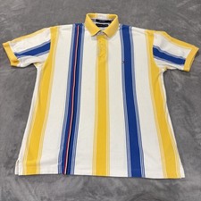 Tommy Hilfiger Men's Striped Polo Yellow Blue Sz Large Hip-Hop Y2K FREE SHIP