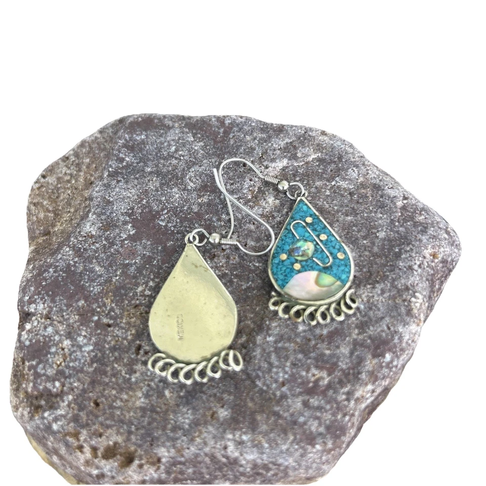 纯银绿松石镶嵌珍珠母银河金色耳环 — 第 2/4 张图片