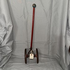Vintage Tin Musical Push Pull Toy - Metal Wheels Bells Wood Handle 20.5  Tall