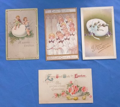 4 Antique Easter Post Cards Featuring Children's Choir, Cherubs, Chicks, Florals