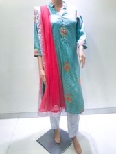 Indian Pakistani Sky Blue Jamawar with White Jamawar Pants - Size 44/XL