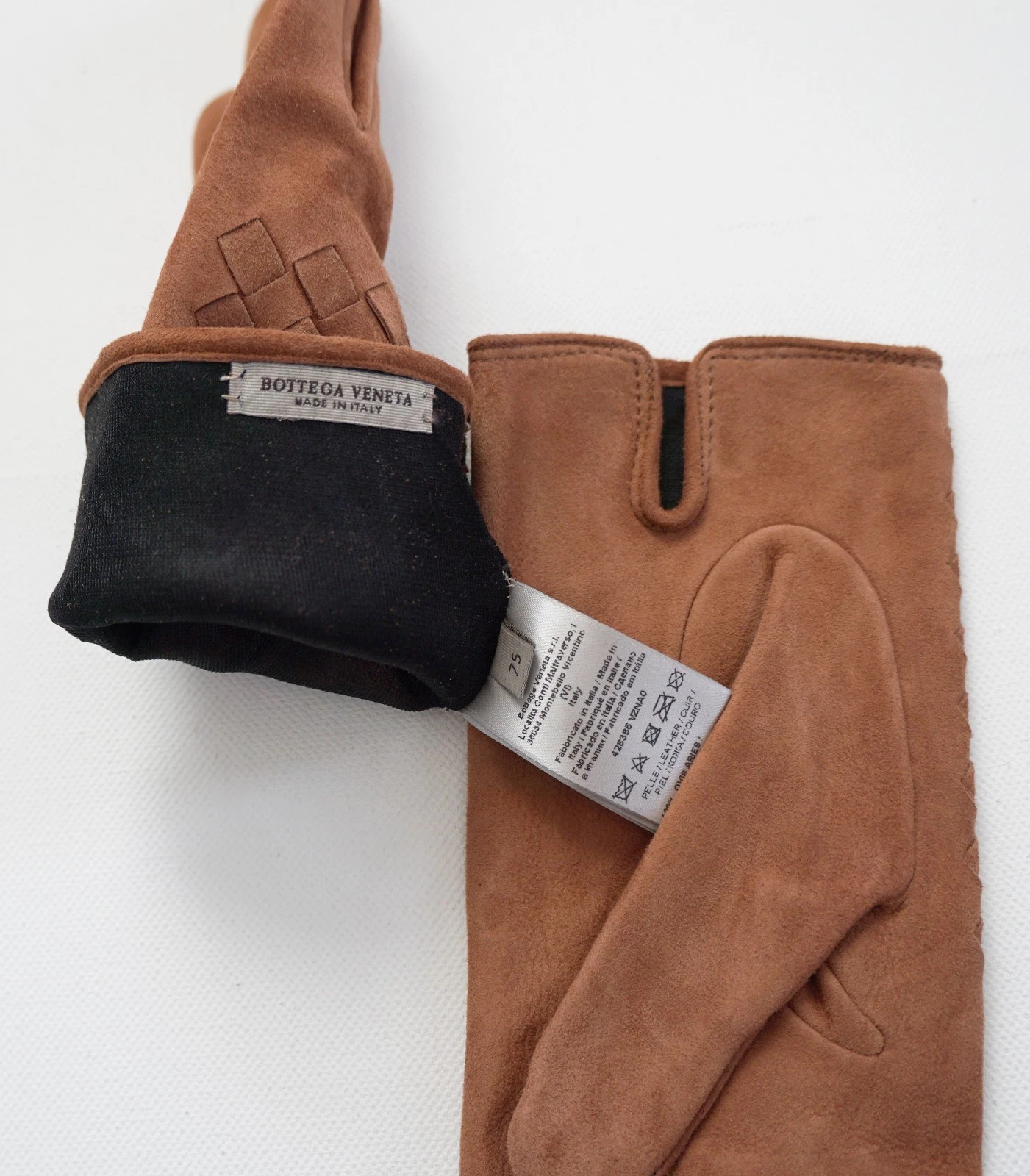 NUOVI Autentici Guanti BOTTEGA VENETA INTRECCIATO Marroni Originari PELLE SCAMOSCIATA 75 US 7 5