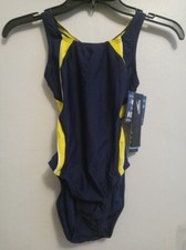 Speedo Women's PowerFLEX Eco Taper Splice Pulse Back Swimsuit Size 26 Nvy/Gold