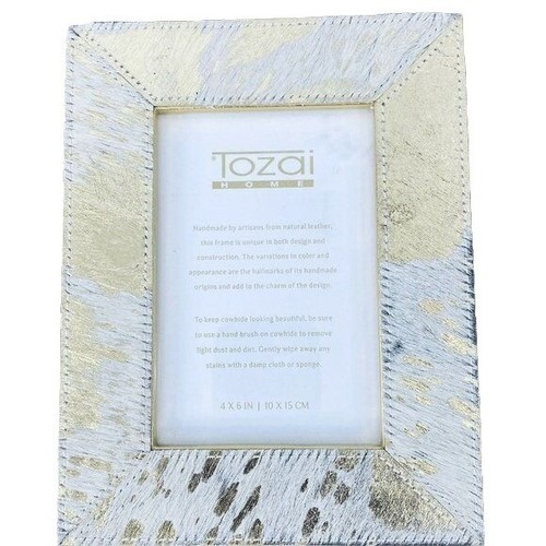 Tozai Home Photo Picture Frame 4x6 Natural Cowhide Metallic White Gold - Picture 6 of 8