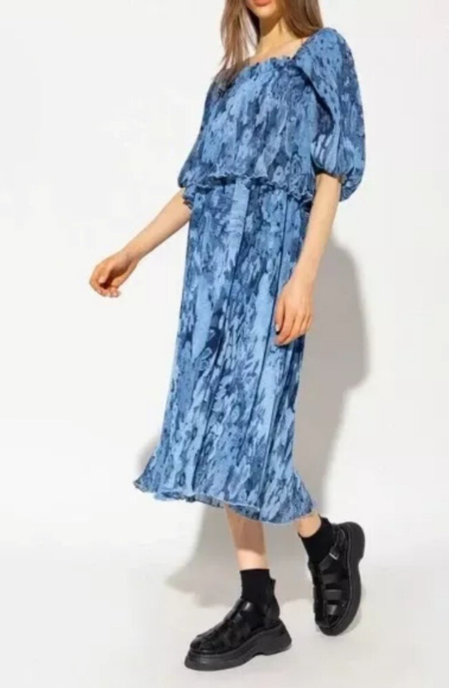 NWOT Ganni Georgette Lucid Blue Tiered Pleated Midi Dress