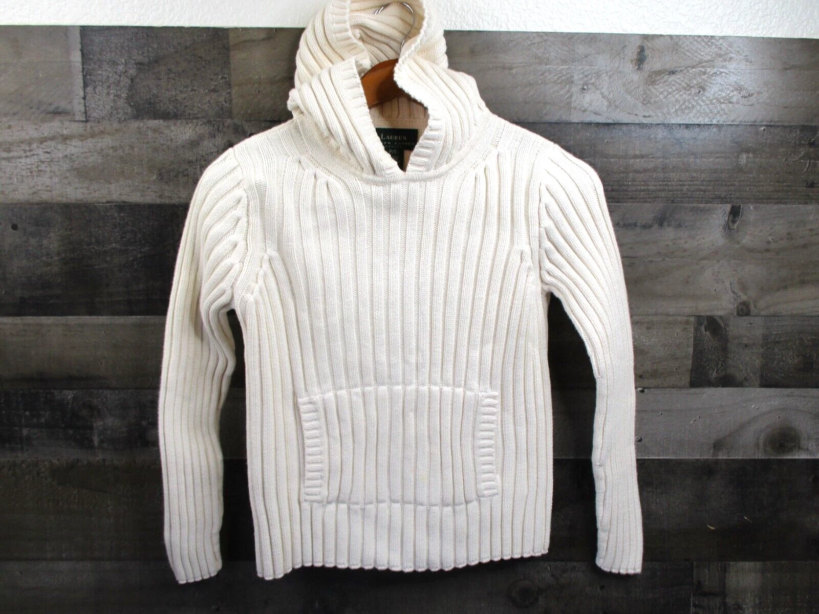 OFF WHITE Felpa con cappuccio Lauren Ralph Lauren donna Petite Small panna costina maglia pullover felpa