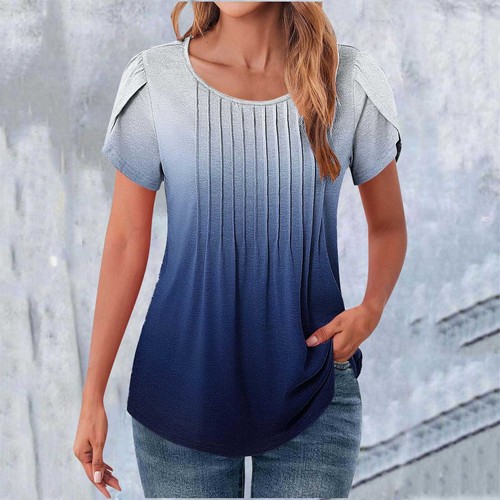 Women Fashion Petal Sleeves Crewneck Tunic Blouses Gradient Summer Tees Shirts - Picture 21 of 38