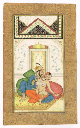 Mughal Miniature Painting Of King & Queen In Romantic Love Scene 6x9.5 Inches