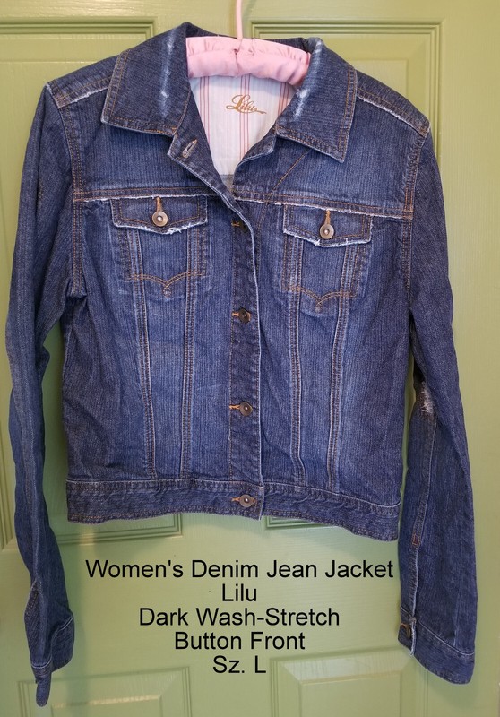Vintage Women's Denim Jeans Jacket, Distressed Dark Wash,  Button Front, Sz. L