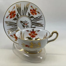 Royal Chelsea Fine Bone China Teacup & Saucer Set Gold Orange Flowers - England