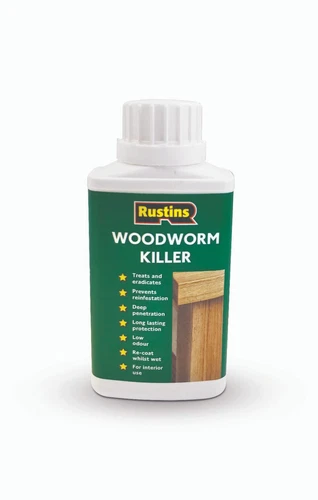 Rustins Woodworm Killer  Treats And Eradicates Prevents reinfestation 250/500ml