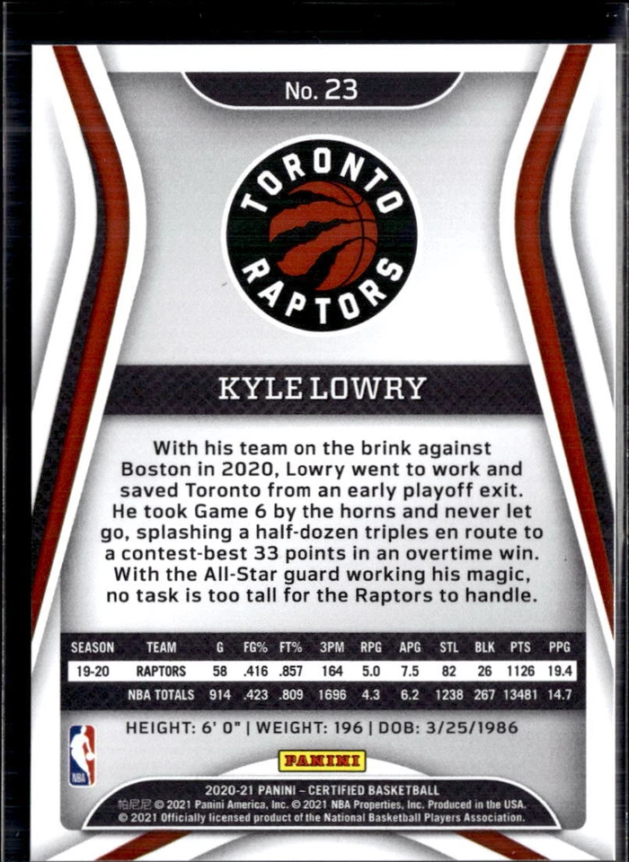 2020-21 Panini Certified #23 Kyle Lowry Mirror Blue Toronto Raptors - Image 2 of 2
