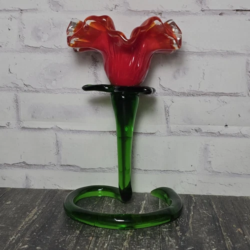 Vintage 6.5" Murano Style Red & Green Glass Flower Candle Holder