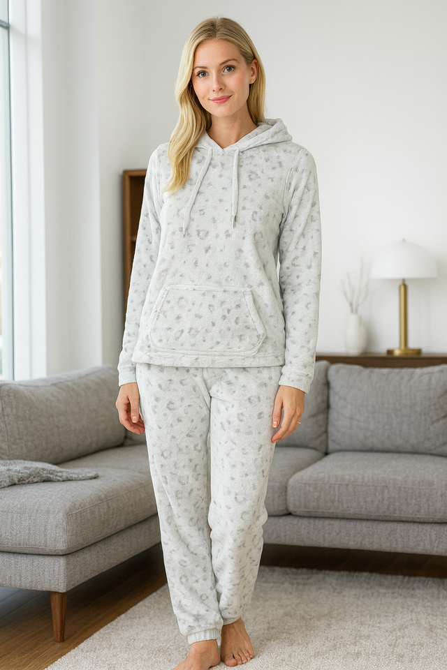 HOODED Fluffy Fleece THICK Womens Pyjama set Jumper Long Sleeve ...
