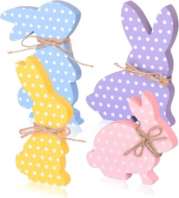 4Pcs Easter Bunny Decorations, Wooden Rabbit Shaped Tabletop Centerpieces Table