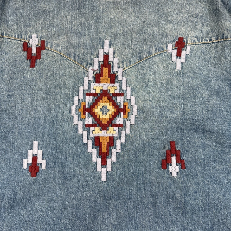 Camisa Stetson Western Nativa 2XL Denim Algodón Desvanecido Azteca Bordado Perla A Presión Foto 4 de 4