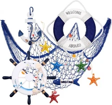    11-Piece Wooden Nautical Wall Decor Set with Fishing Net Accents (Blue)