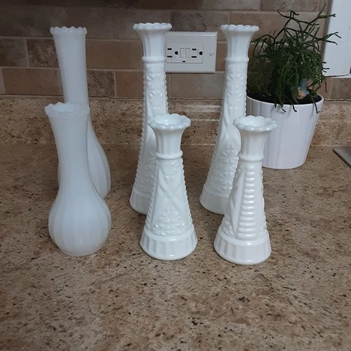 Vtg White Milk Glass Flower Bud Vases Assorted Styles Wedding Shower-Lot of 6