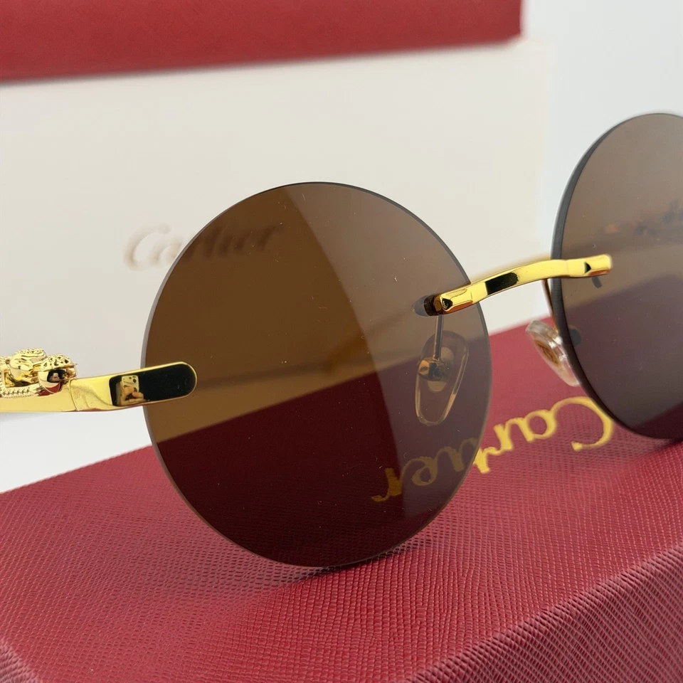 Auténticas gafas de sol Cartier sin montura redonda Panthere marco dorado lentes marrones Foto 3 de 4
