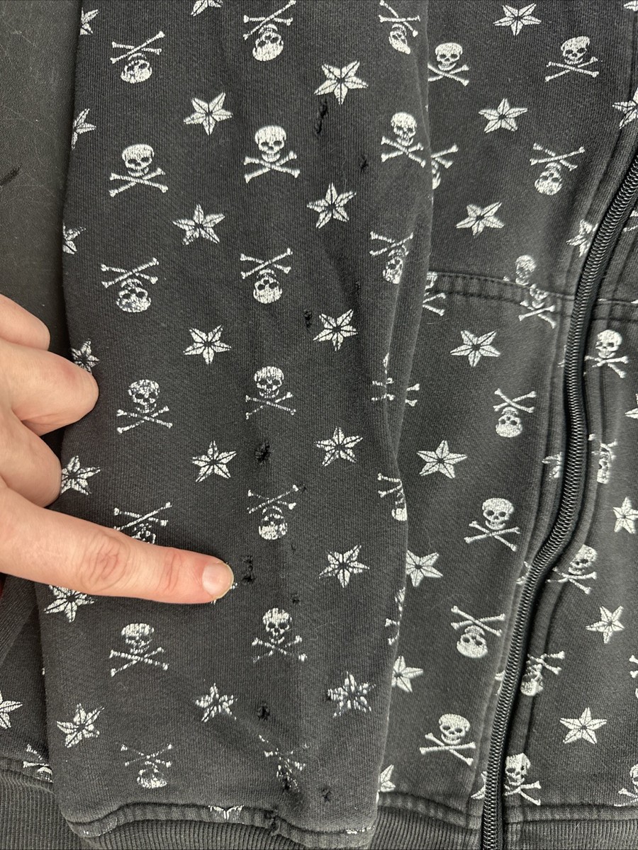 Vintage Y2K Power of Art Skull Star Money AOP Zip Up Hoodie Size L