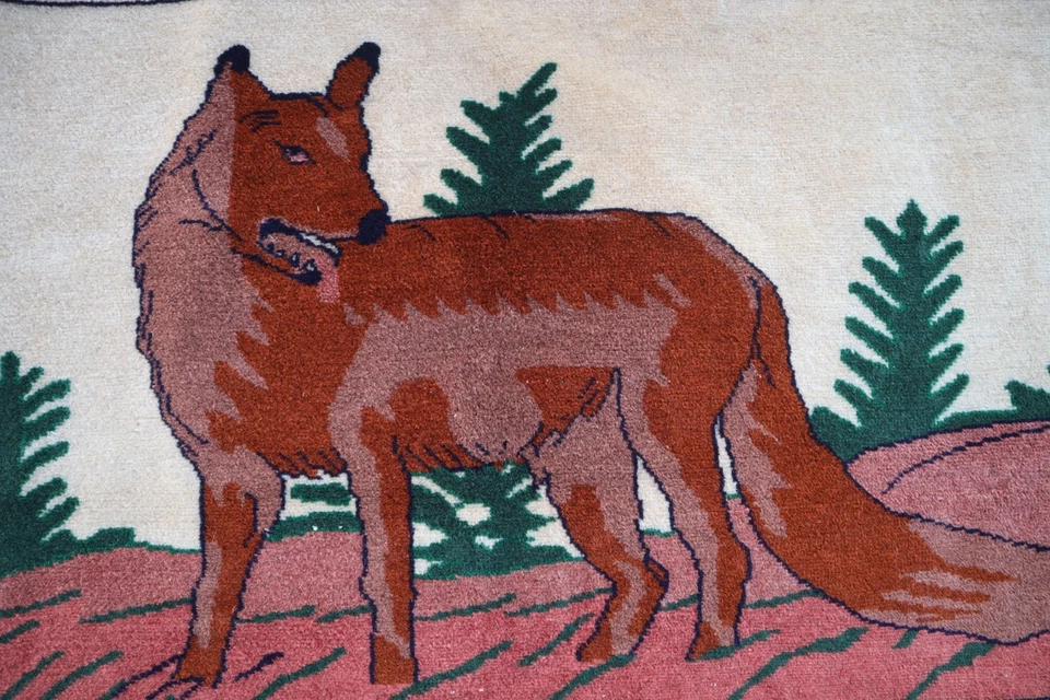 Alfombra de lobo ilustrada afgana hecha a mano de 3x4 pies, alfombra colgante de pared con estampado de animales nómadas Foto 2 de 4