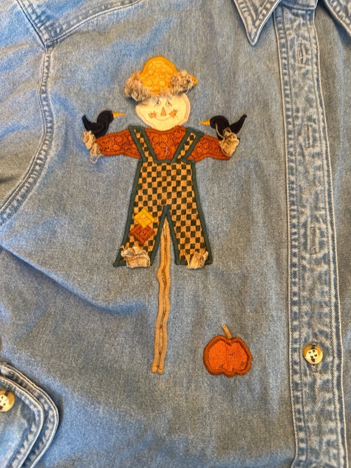 Denim Halloween Fall Autumn Scarecrow Womens Button-Up Shirt S Vintage 90s - Image 2 of 4