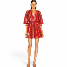 Ulla Johnson Julia Metallic Striped Puff Sleeve Mini Dress Cerise Red Sz 2