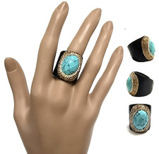 NEW BLACK LEATHER BLUE TURQUOISE STONE CZ CRYSTALS ADJUSTABLE RING