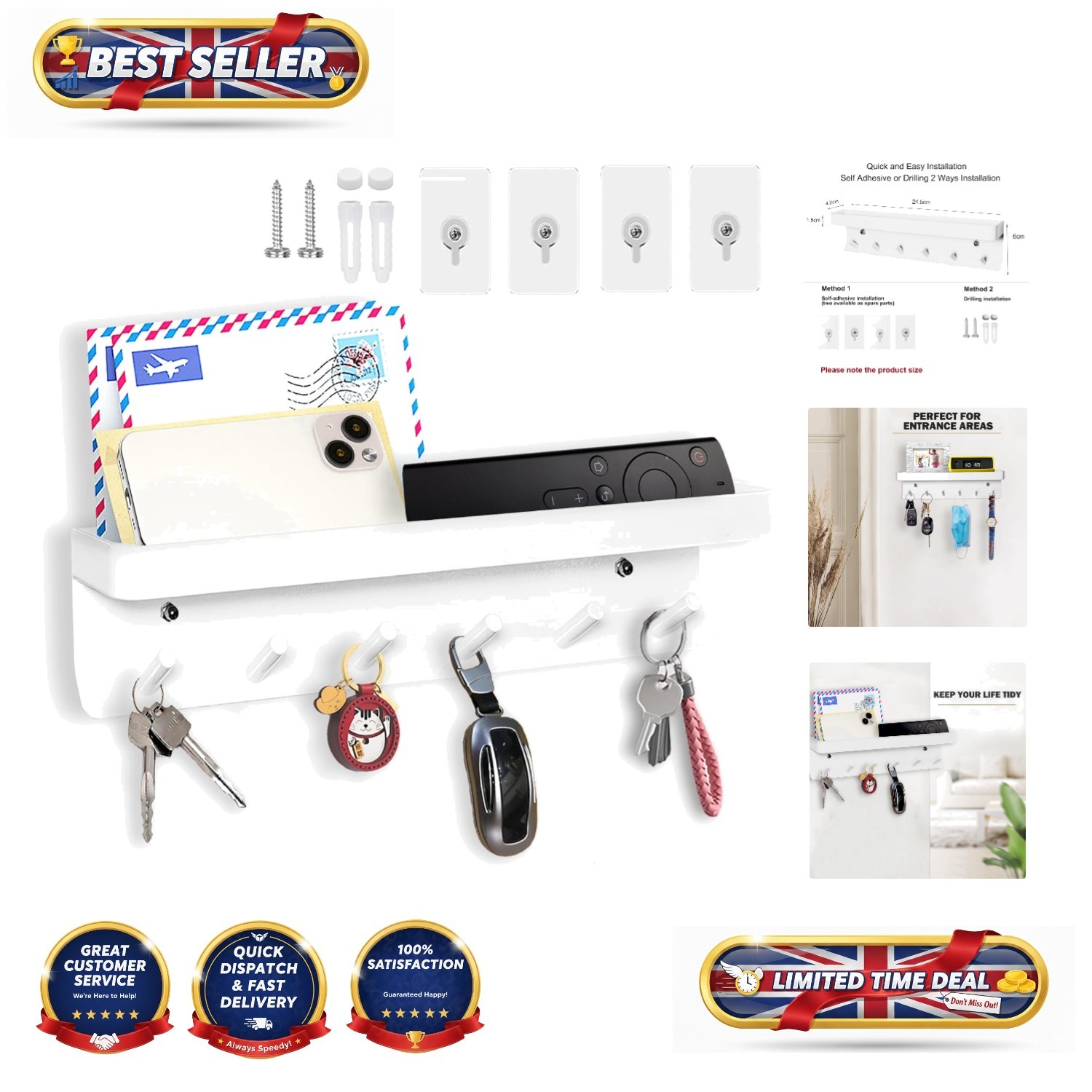 Durable White Key Holder with 6 Hooks - Self-Adhesive & Drill Installation