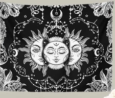 Sun and Moon Tapestry Black White Mystic Wall Hanging Decor for Bedroom Stars