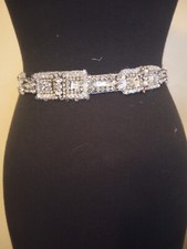 Silver Color Crystal Women's Bridal Belt Sash Finish and Bright White Ribbon