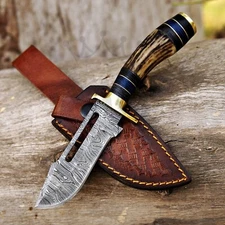 custom Handmade Damascus Fixed Blade Hunting Knife- Skinning Knife - Stag Handle
