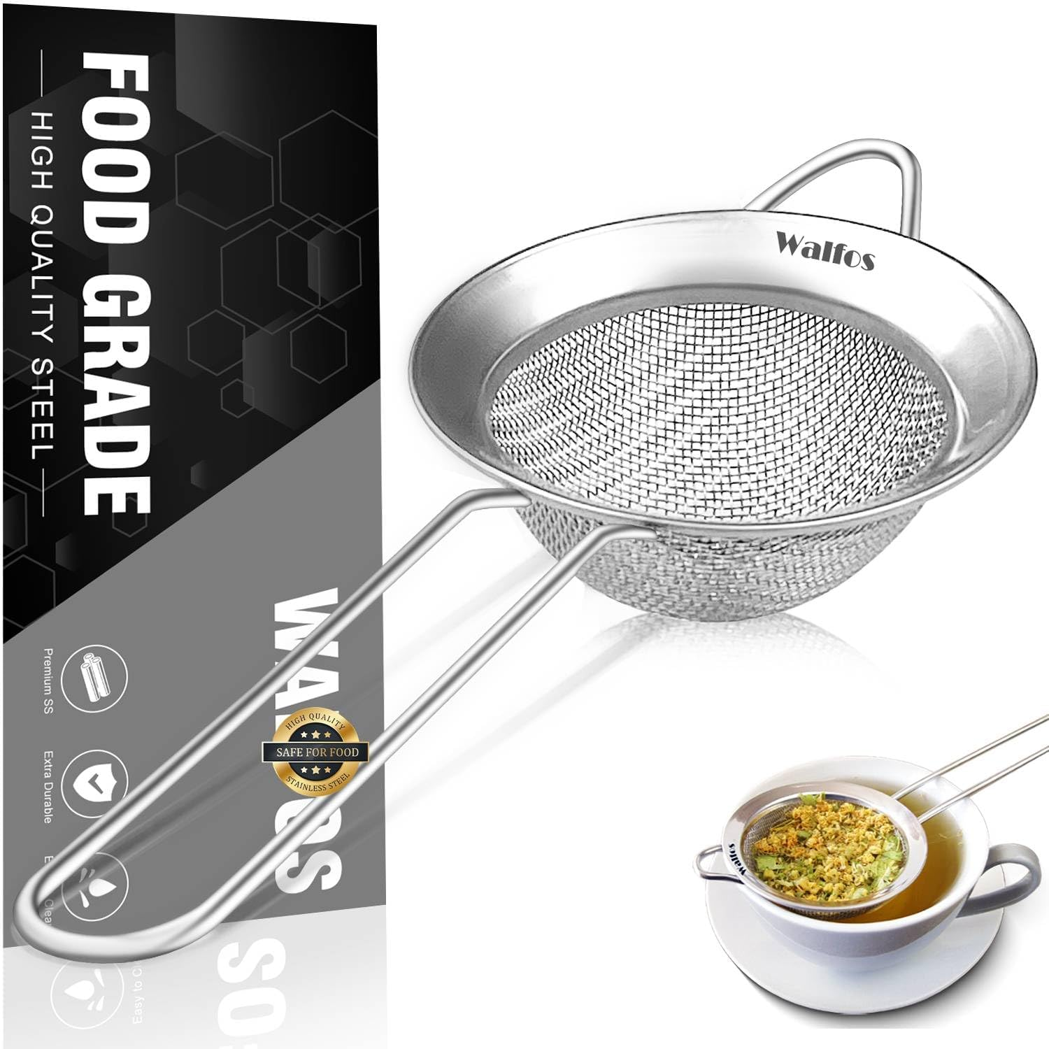 Walfos Mini Fine Mesh Tea Strainer, Stainless Steel Small Sifter with Sturdy Han