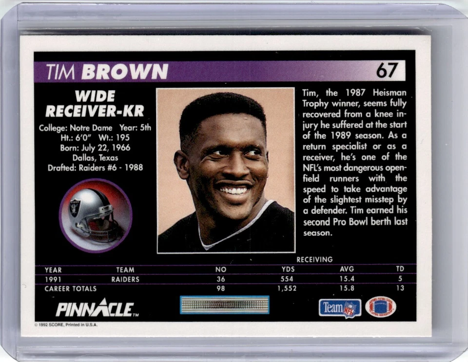1992 Pinnacle Tim Brown Football Card Los Angeles Raiders #67 - Image 2 of 2