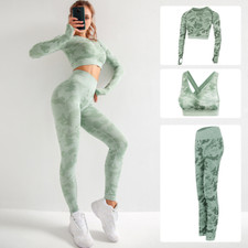Women's 3Pcs Seamless Yoga Suit Sports Underwear Fitness Long Sleeve Crop