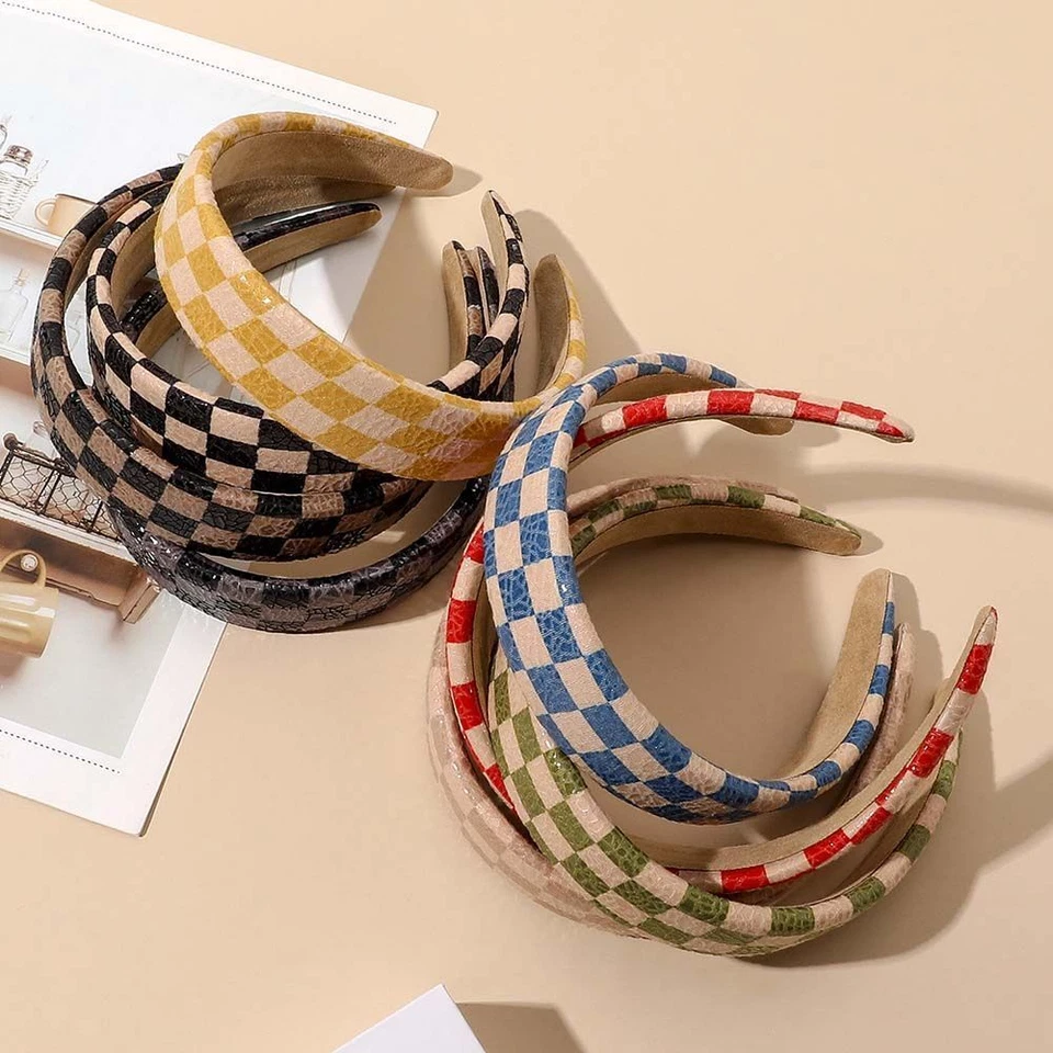 Faux Leather Sponge HeadbandS - Checkerboard Wide Hairband Women Hair Accessorie - Image 3 of 4