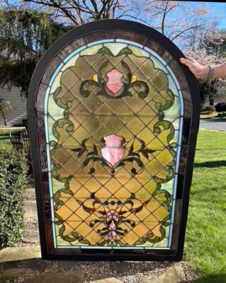 Antique STAINED LEADED GLASS WINDOW (60