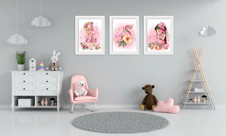 Impresiones de pared de princesa tropical, niña tropical vivero arte de pared, estampado de flamenco Foto 2 de 4