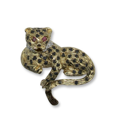 9 kt Gold Brosche - 9 kt Gold Katzenbrosche Saphir Rubin Diamant Damen Katzenliebhaber