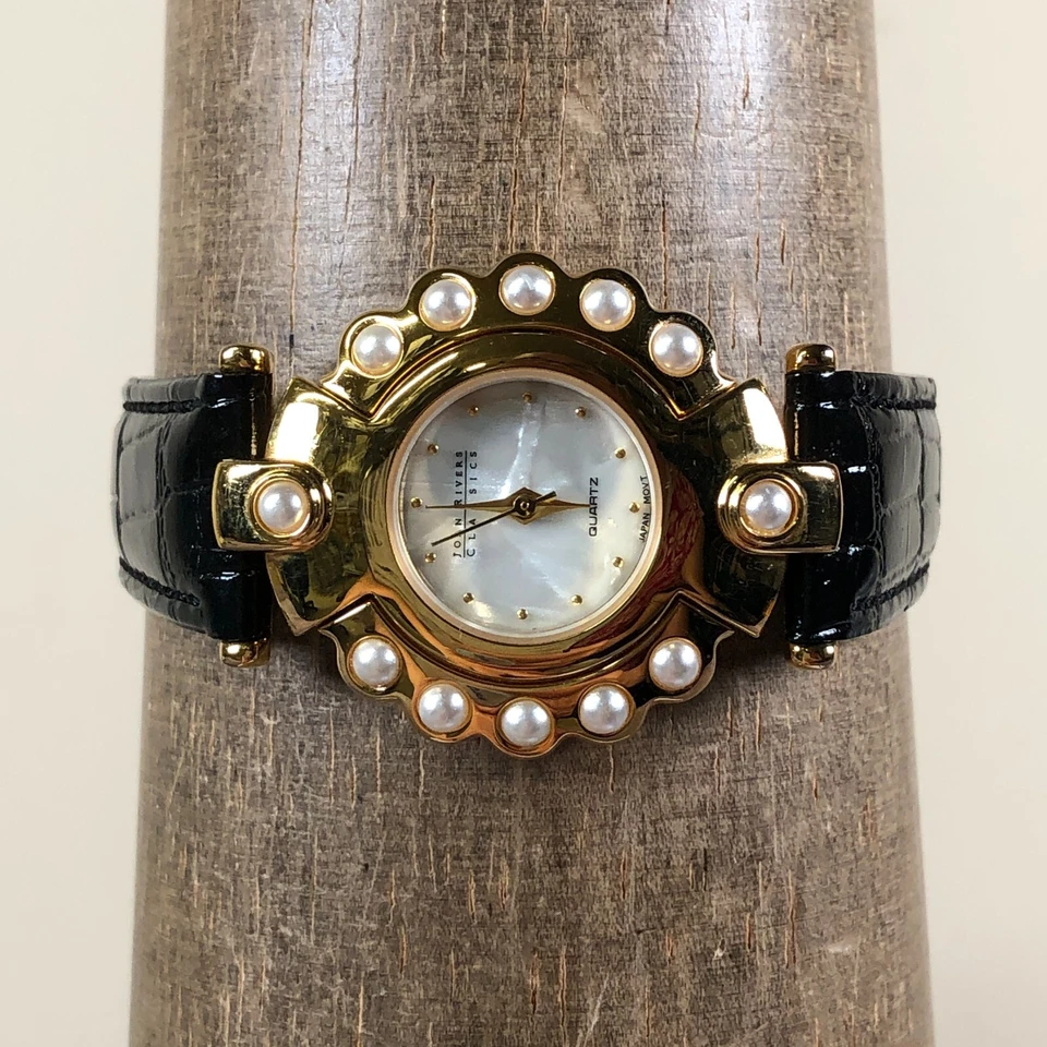 Joan Rivers Classics relógio de quartzo feminino vestido bisel pérola falsa esfregão couro 7" - Imagem 2 de 4