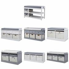 Shoe Rack Bench w/ Seat Cushion Wicker Baskets for Living Room Hallway Bedroom