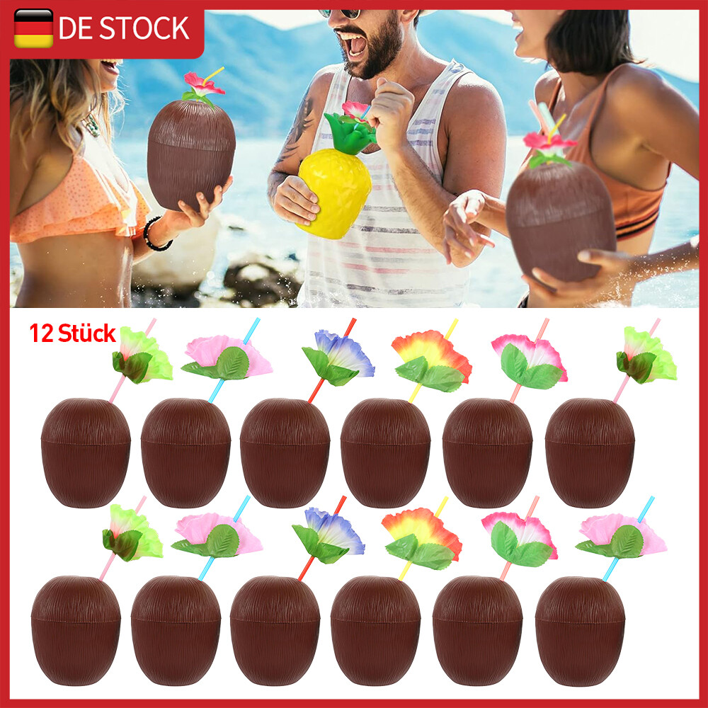 12 Kokosnuss Becher Plastik Hawaii Strand Cocktail Gartenparty Poolparty DE