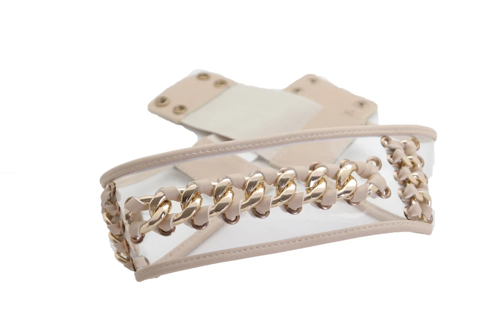 Mujer Correa Elástica Crema Ancha Gran Adición Cinturón Metal Dorado Cadena Eslabón Ajuste S M Foto 2 de 4