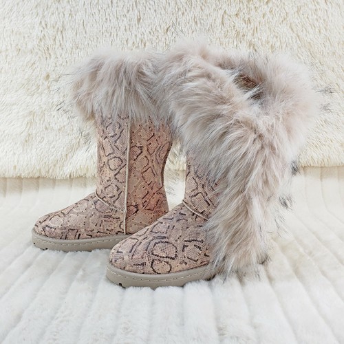 Chi Chi Chi Botas de Invierno Planas Pelurosas Serpiente Beige Imitación Forradas de Piel EE. UU. Para Mujer - Imagen 5 de 12