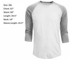 3/4 Sleeve Plain T-Shirt Baseball Raglan Jersey Sports Men's Tee White Gray 3XL