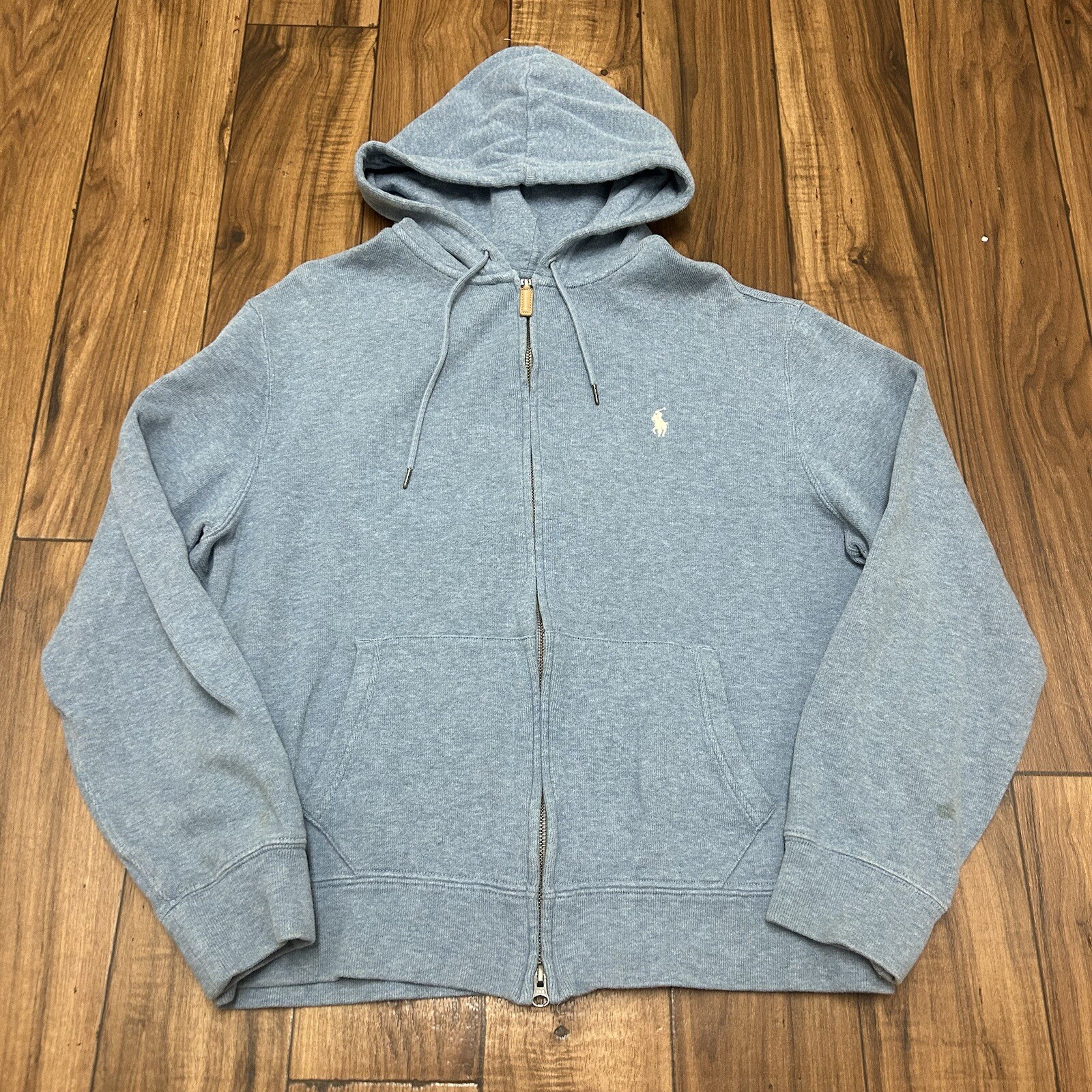 Vintage Polo Ralph Lauren Hoodie Mens Large Blue White Pony Full Zip Sweatshirt