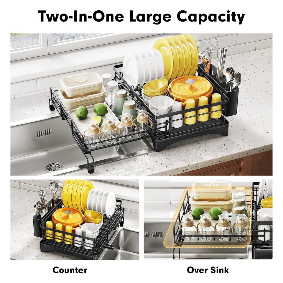 Expandable Drain Drying Rack Kitchen Dish Bowl Plate Holder Dry Organiser Black - image 4 of 4