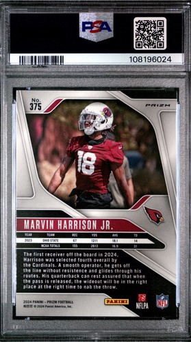 2024 Prizm #375 MARVIN HARRISON JR Pink Prizm RC PSA 10 POP 35 RARE! Cardinals - Picture 2 of 4