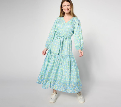 Destination 365 Printed Modal Tiered Maxi Dress w/Belt - Women's PS - Blue