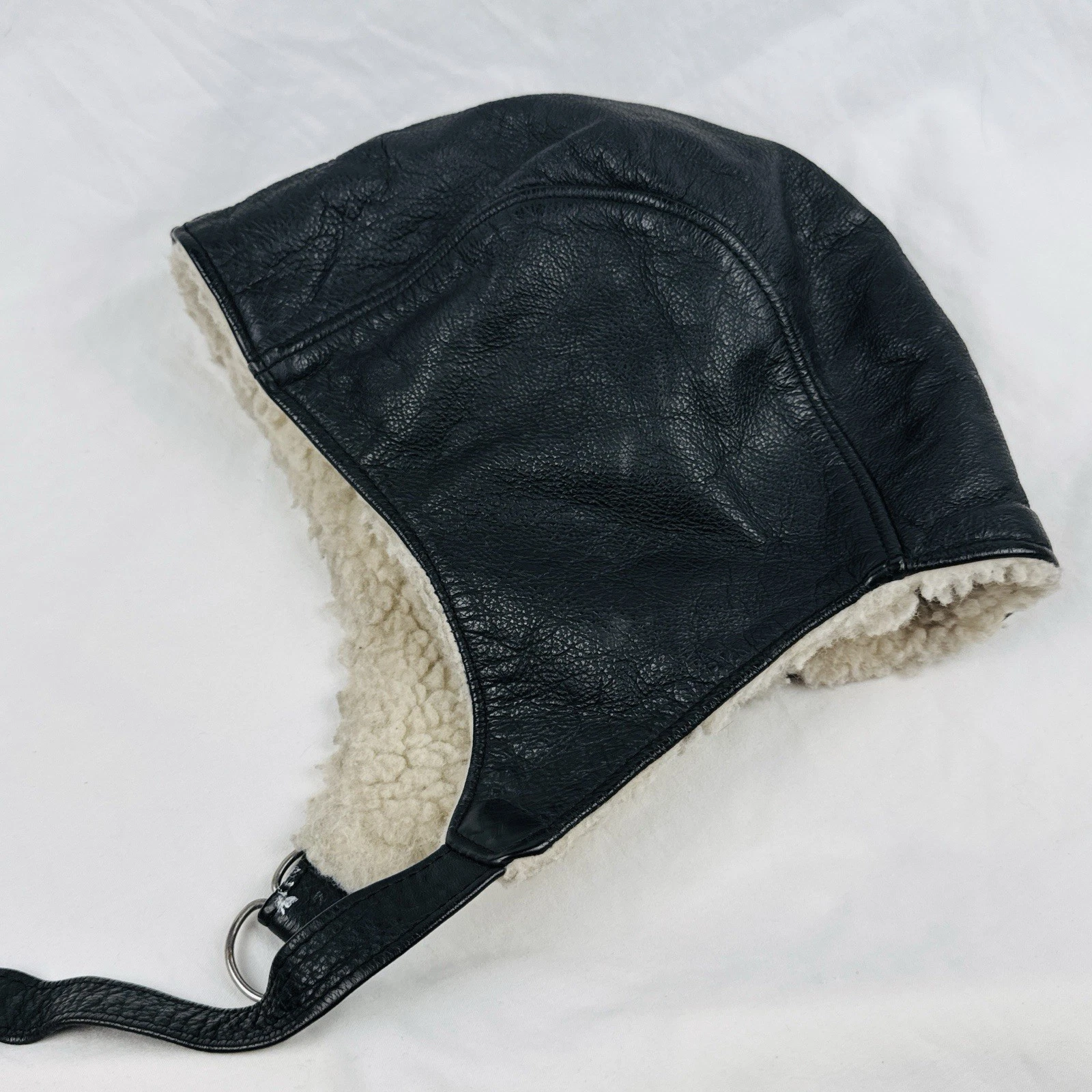 Vintage Leather Aviator Trapper Hat USA Shearling Lined Flight Cap Size L